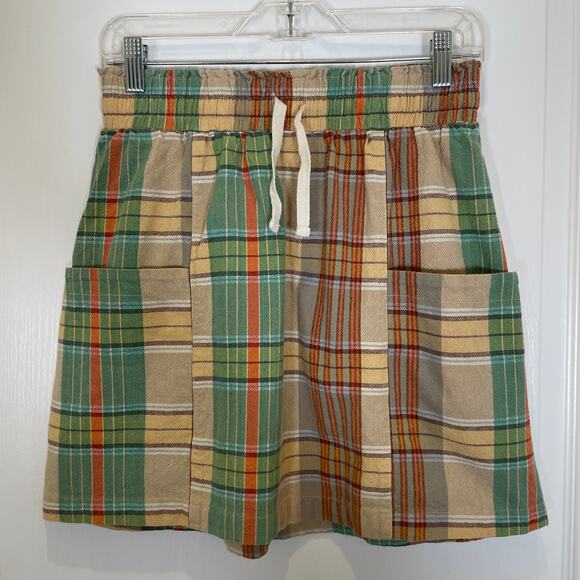 Urban Outfitters Tartan Plaid Mini Skirt Drawstring Waist Pockets Green Orange M - Picture 3 of 6